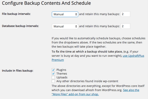 Updraft Plus Configure Backup Contents and Schedule