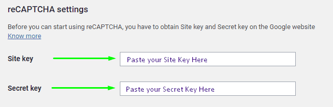 wp cerber recaptcha site key and secret key